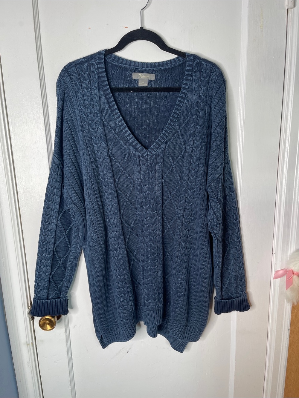 Natural Reflections XXL Sweater Vneck Canle Knit Navy Blue Cotton Women’s Cozy